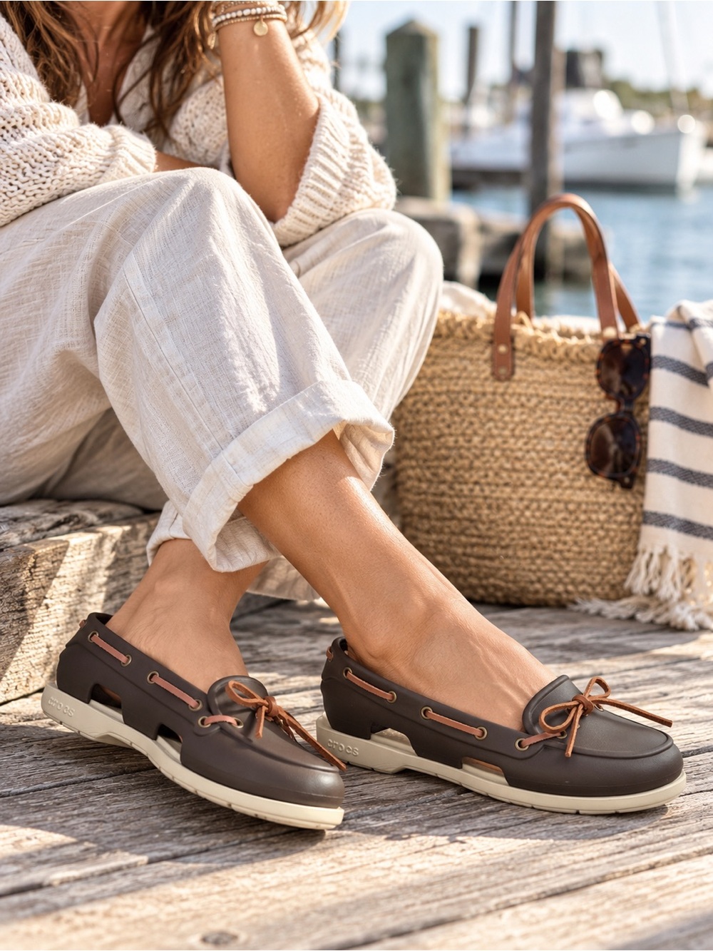 Crocs Beach Line Boat Shoes Loafers Brown Leather Lace Cutout Women’s 9